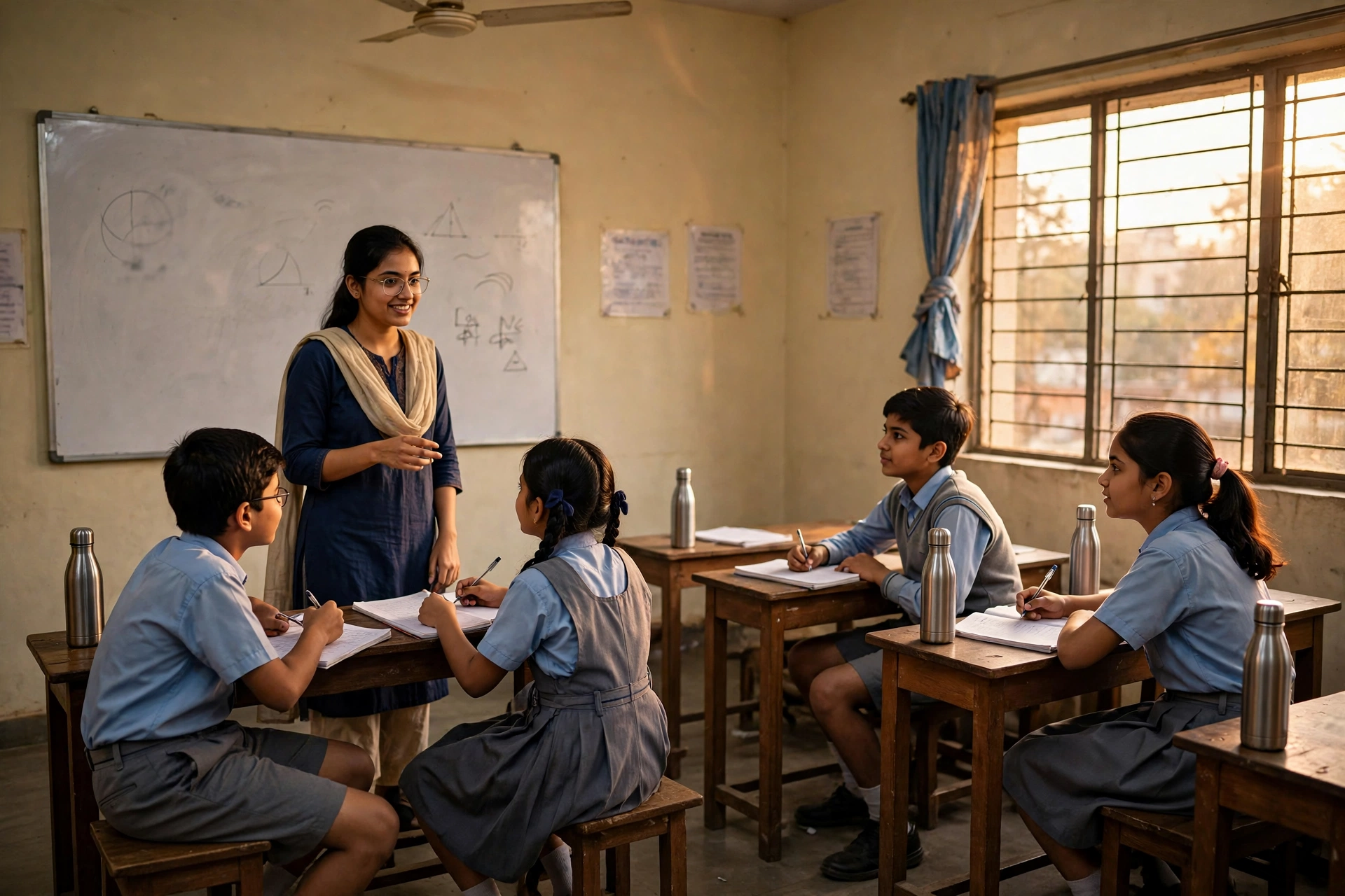Tutor teaching a small class of school students
